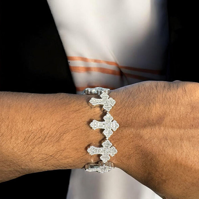 Moissanite Cross Link Bracelet Mens 925 Silver 14k