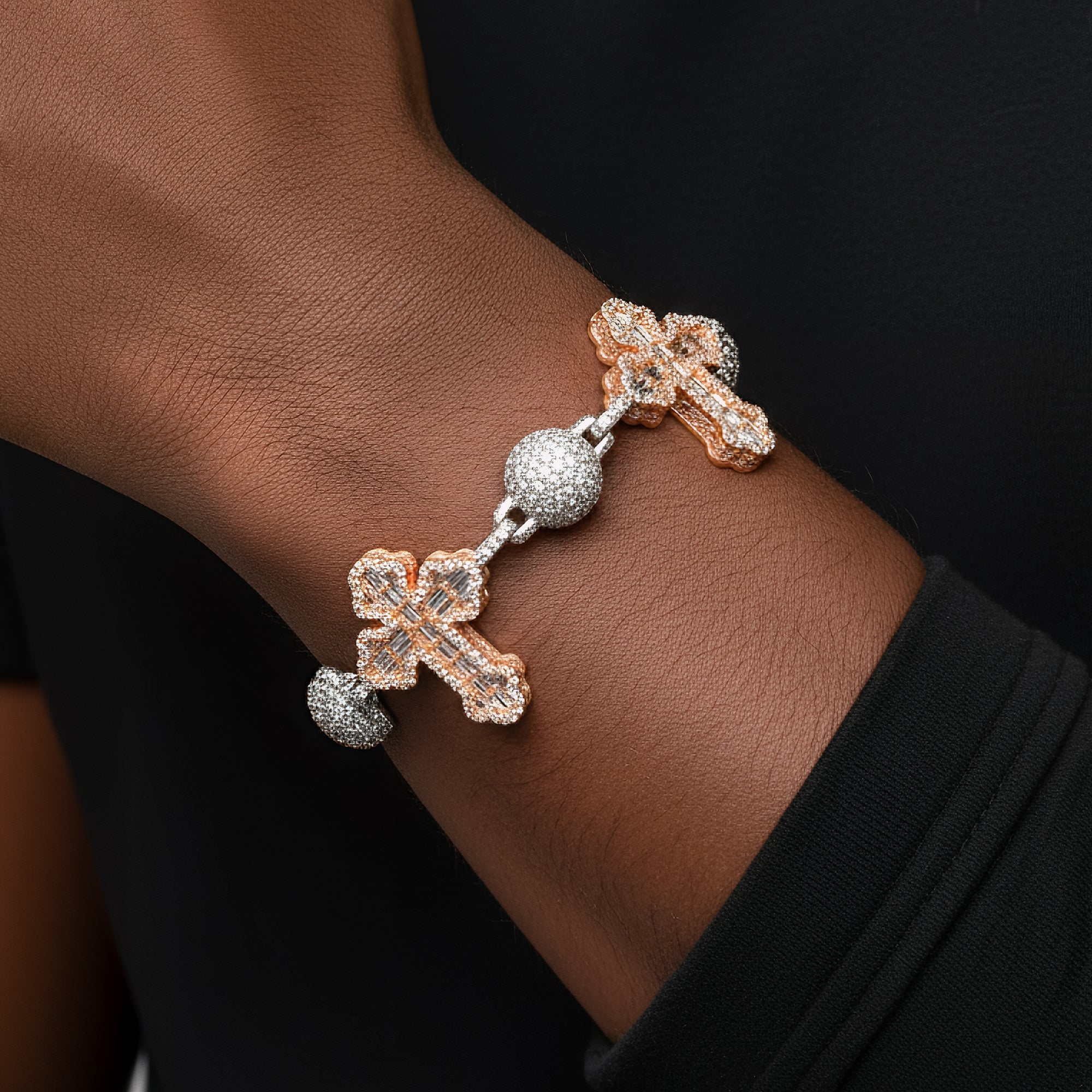 Two Tone Rose Bead Cross Silver Moissanite Iced Bracelet