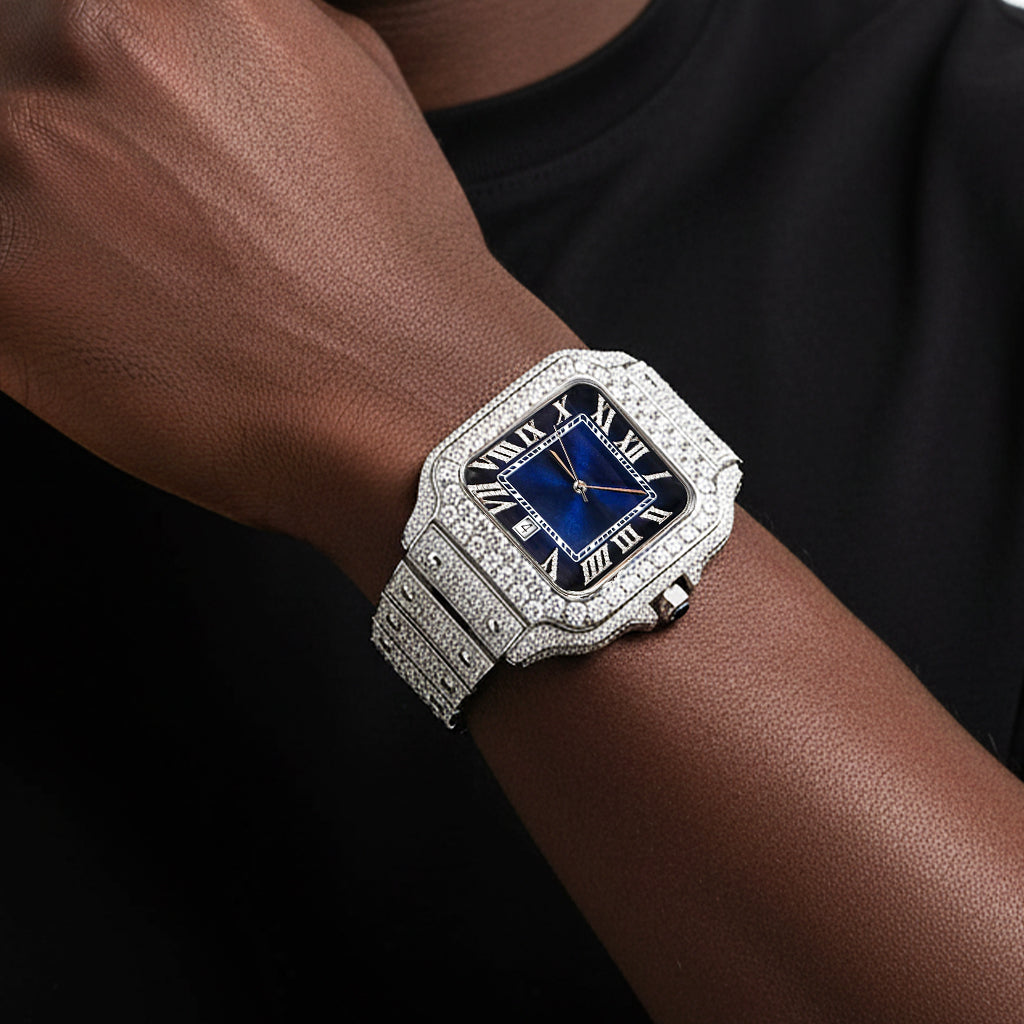 Mens Moissanite Diamond Watch 40mm Navy Blue Dial Automatic