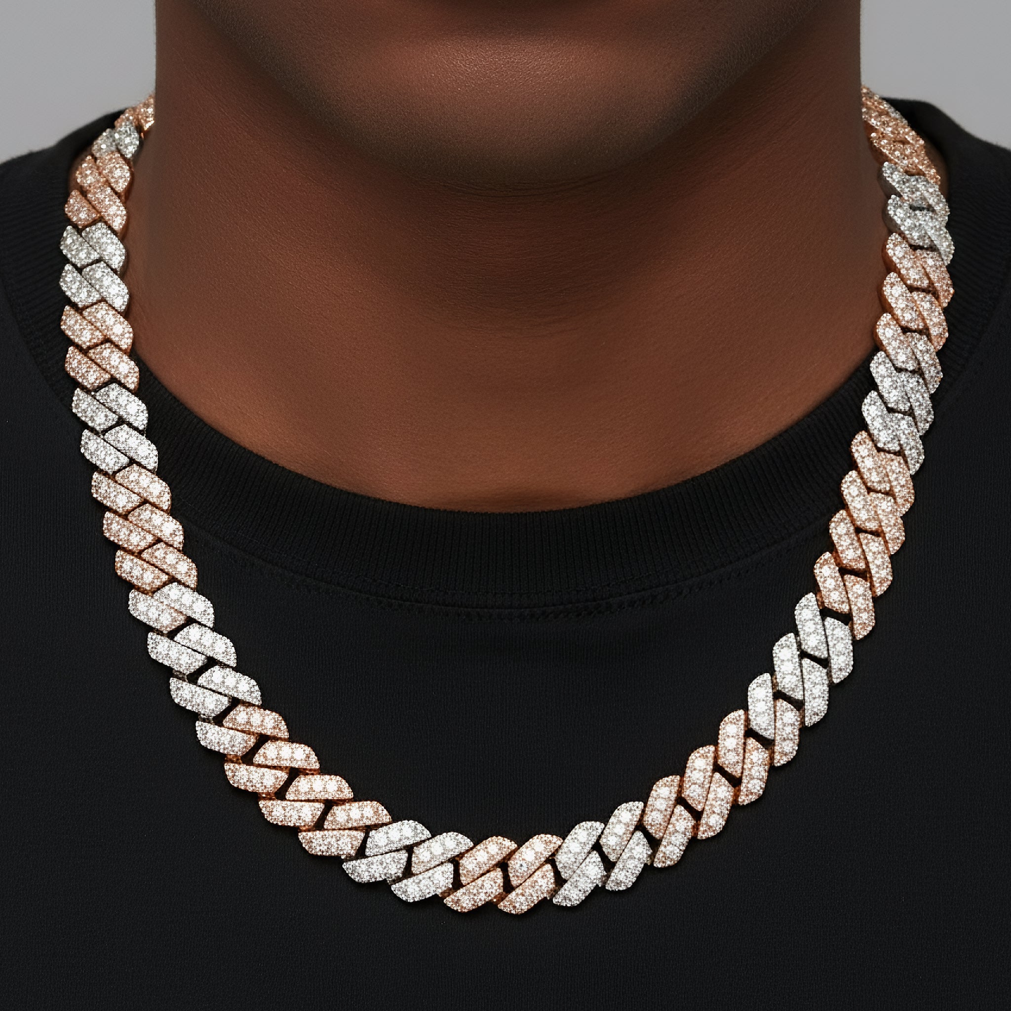 12MM Moissanite Iced Out Cuban Chain 2 Tone Rose Link 925 Sterling Silver Icy