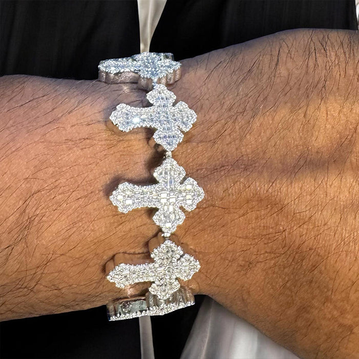 Moissanite Cross Link Bracelet Mens 925 Silver 14k