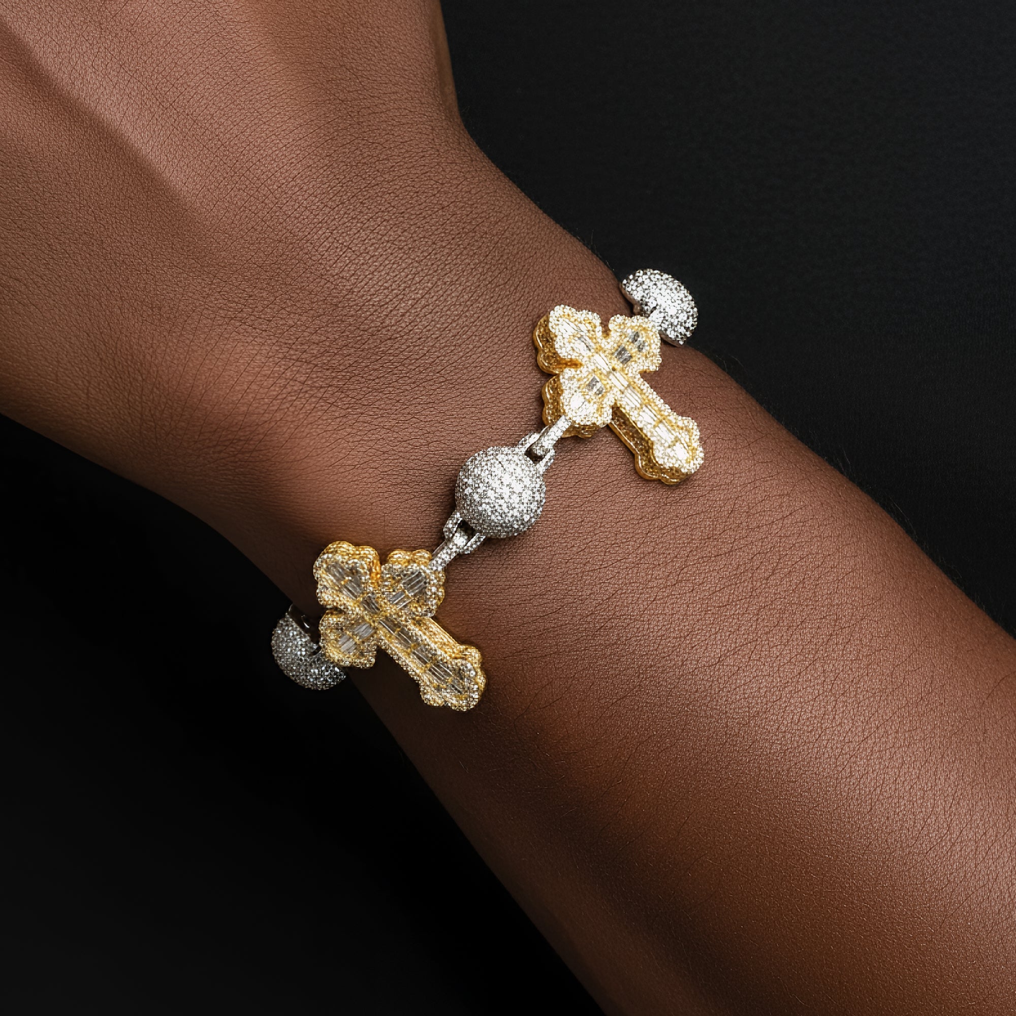 Bead Ball Cross Two Tone Gold Moissanite Iced Silver Bracelet