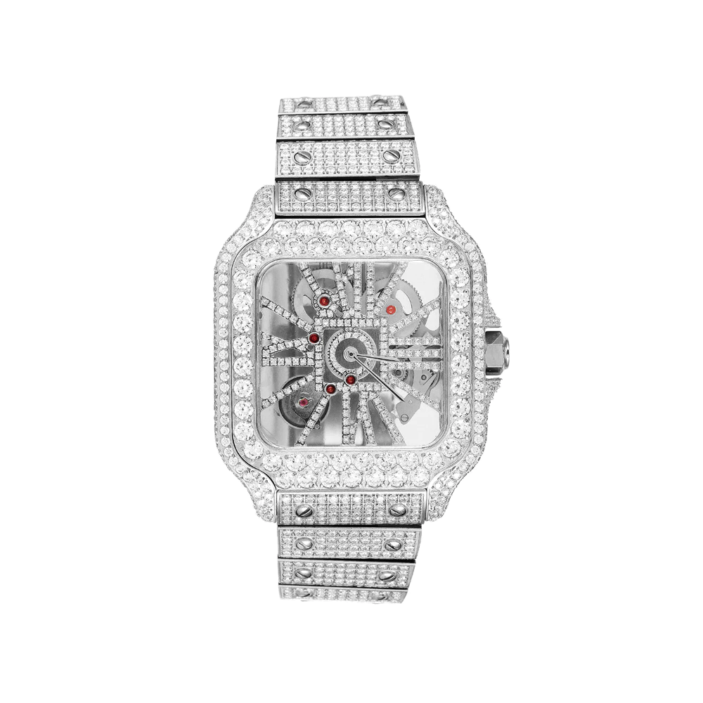 Stainless Steel Moissanite White Tone Skeleton Dial Mens Watch