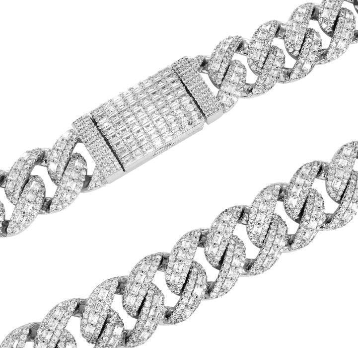 14mm White Tone Emerald Cut Moissanite 20.4CT Cuban Chain - Master of Bling 