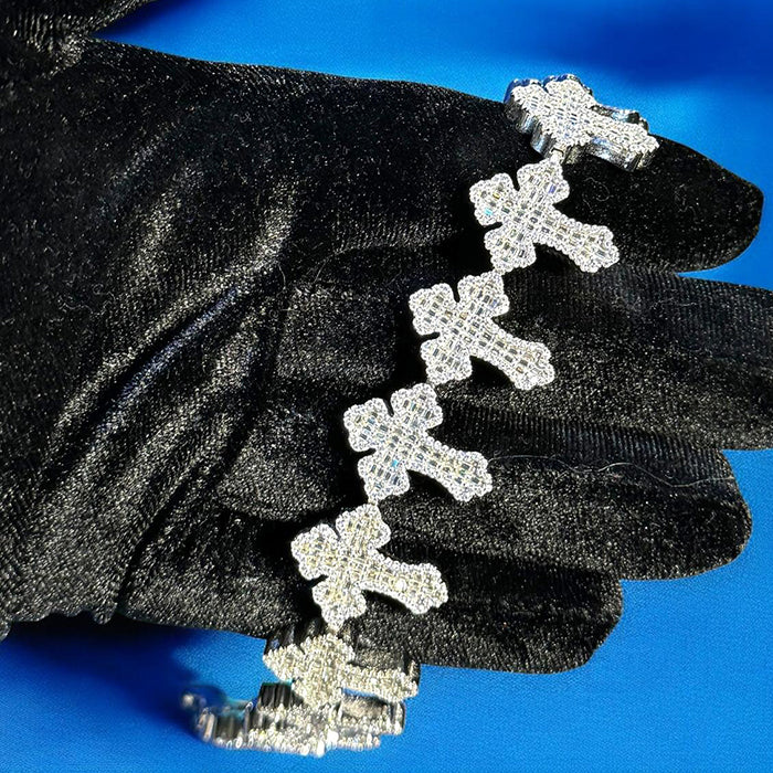 Moissanite Cross Link Bracelet Mens 925 Silver 14k