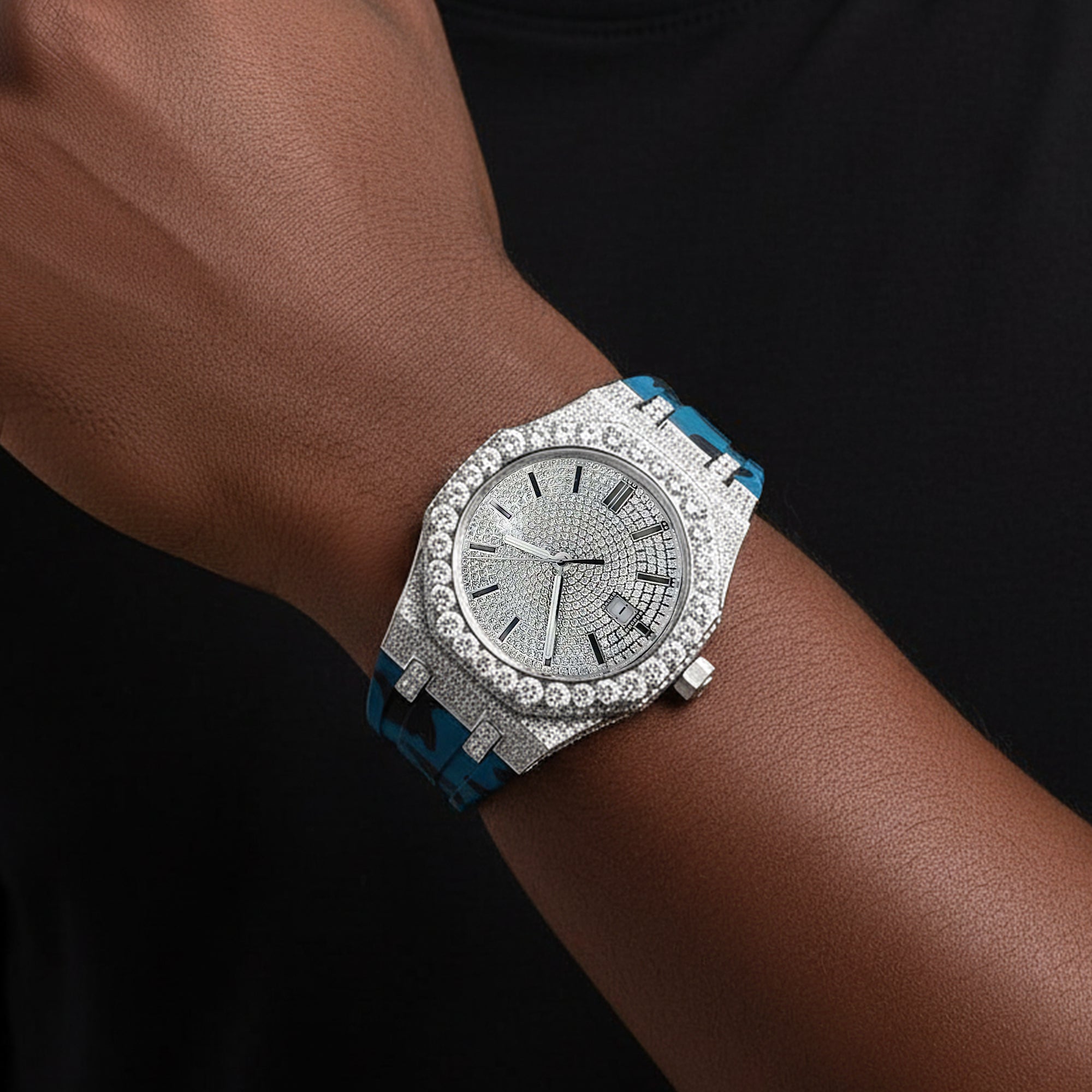 Moissanite Camouflage Blue Watch Designer Automatic Men