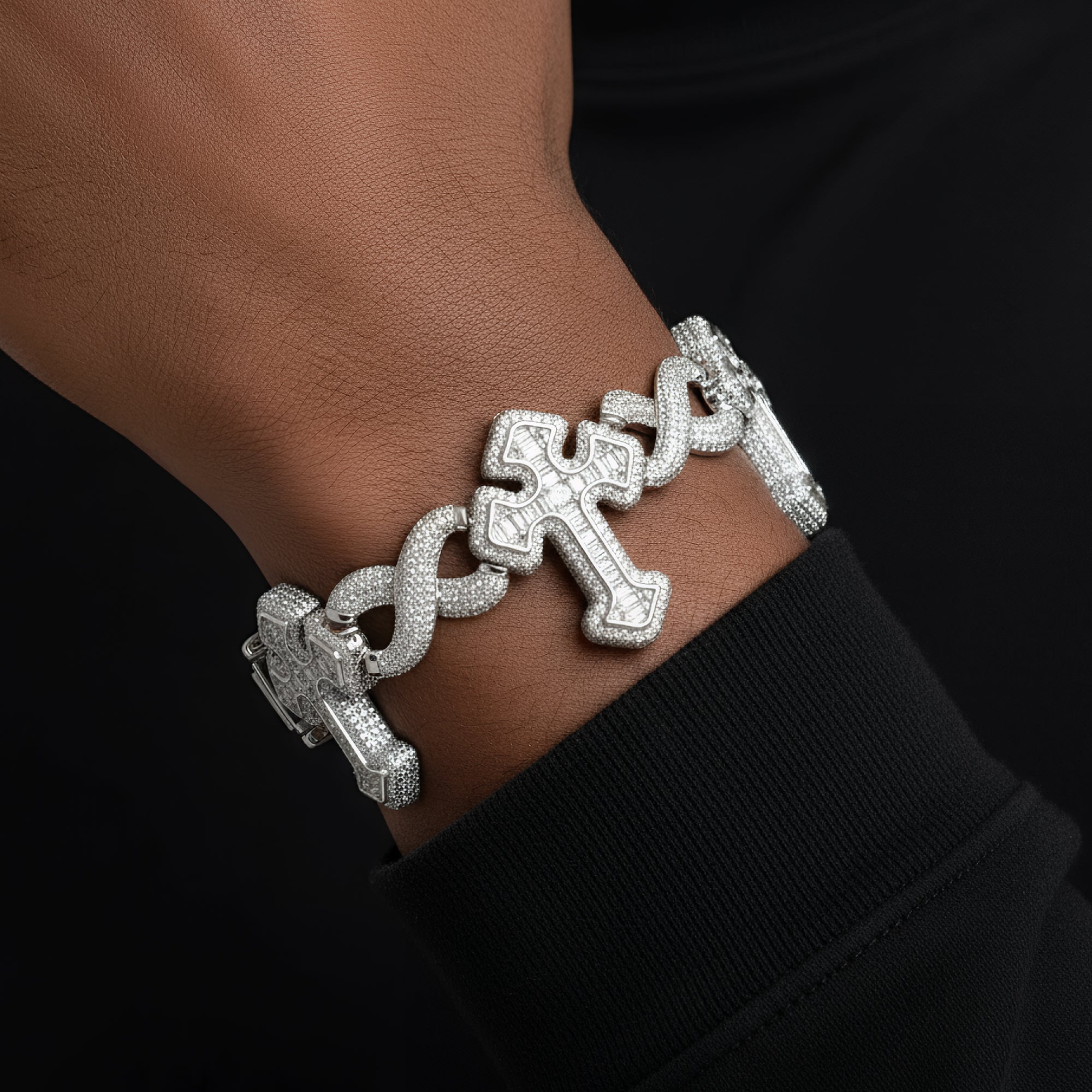Infinity 3D Cross Moissanite Diamond Baguette Iced Silver Bracelet