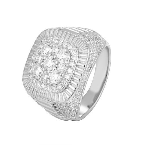 Sterling Silver Iced Square Cluster Designer Mens Ring