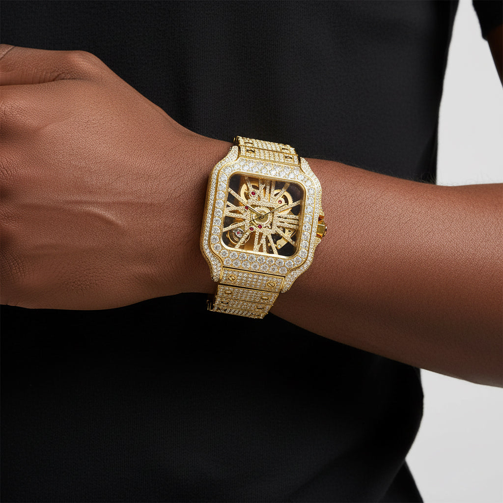 Men's Stainless Steel Iced Out Automatic Watch Sekelton Dial AAA CZ Diamond Gold Tone Hip Hop fully Icy Bust Down Luxury Watch handmade