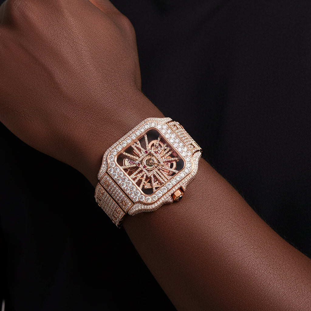 Rose Gold Tone Moissanite Skeleton Stainless Steel Watch