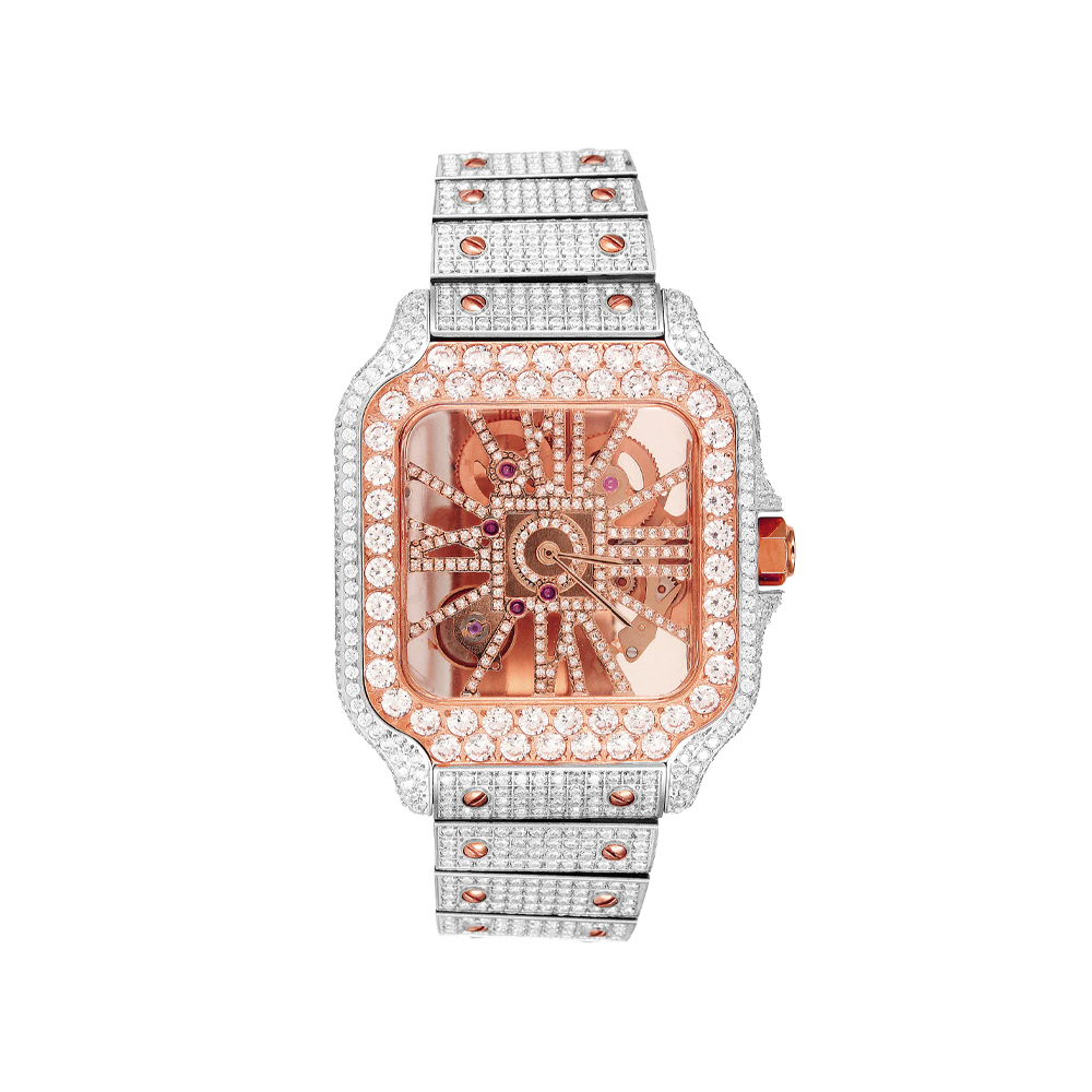 Two Tone Rose Gold Skeleton Dial Stainless Steel Moissanite Watch