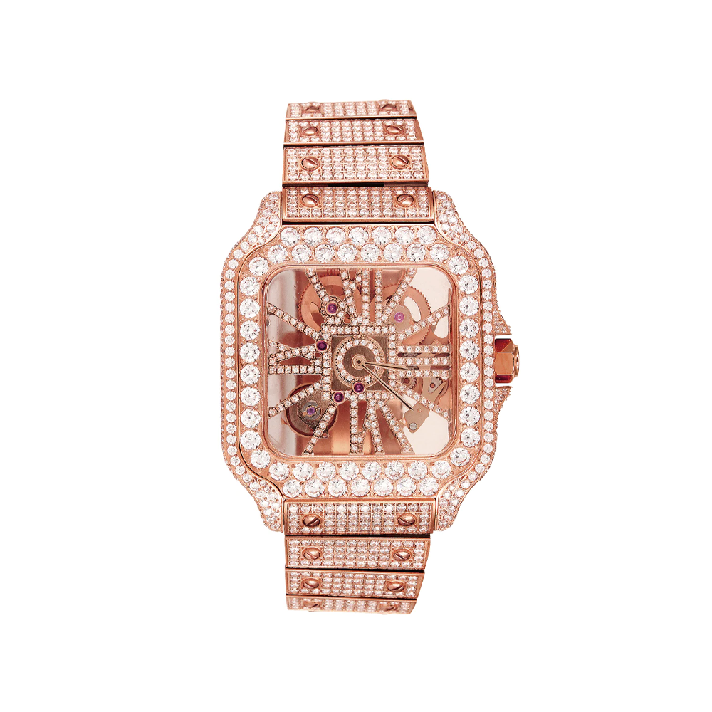 Rose Gold Tone Moissanite Skeleton Stainless Steel Watch
