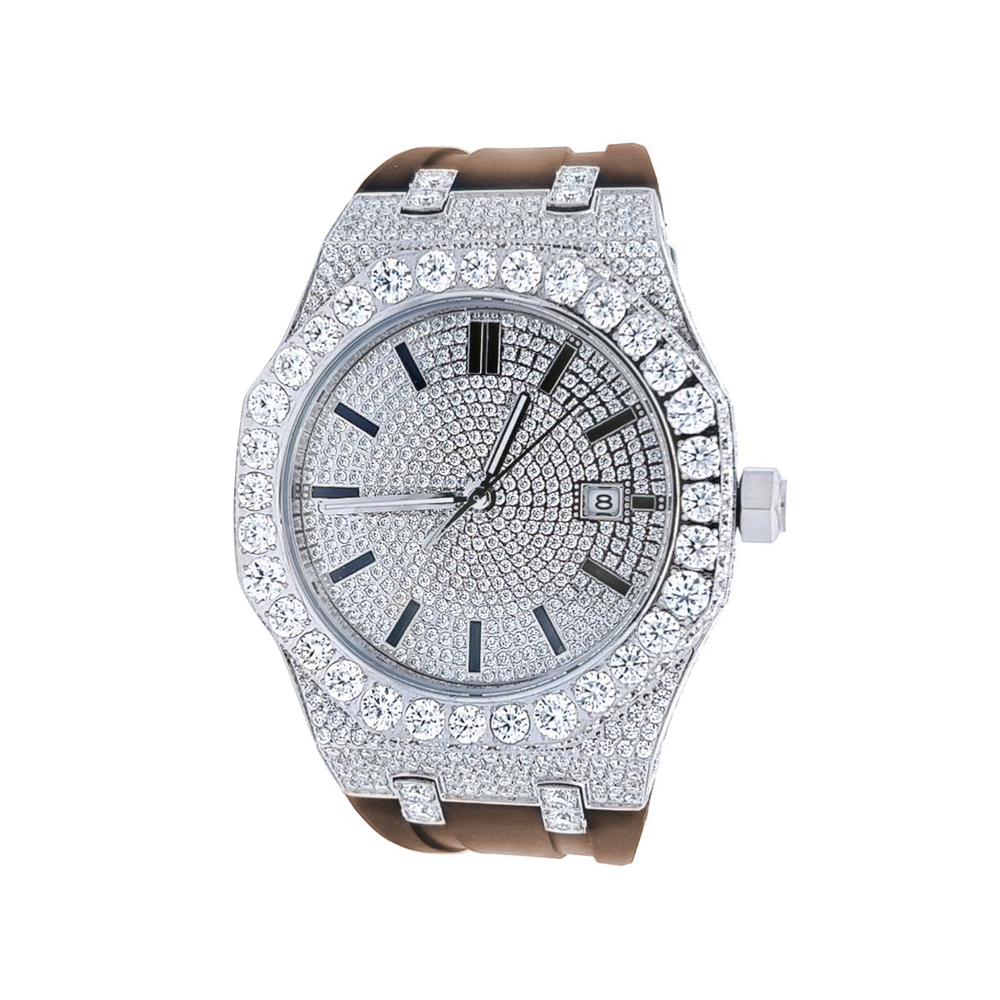 VVS Moissanite 9.5ct Brown Silicon Band Half Icedout Mens Watch