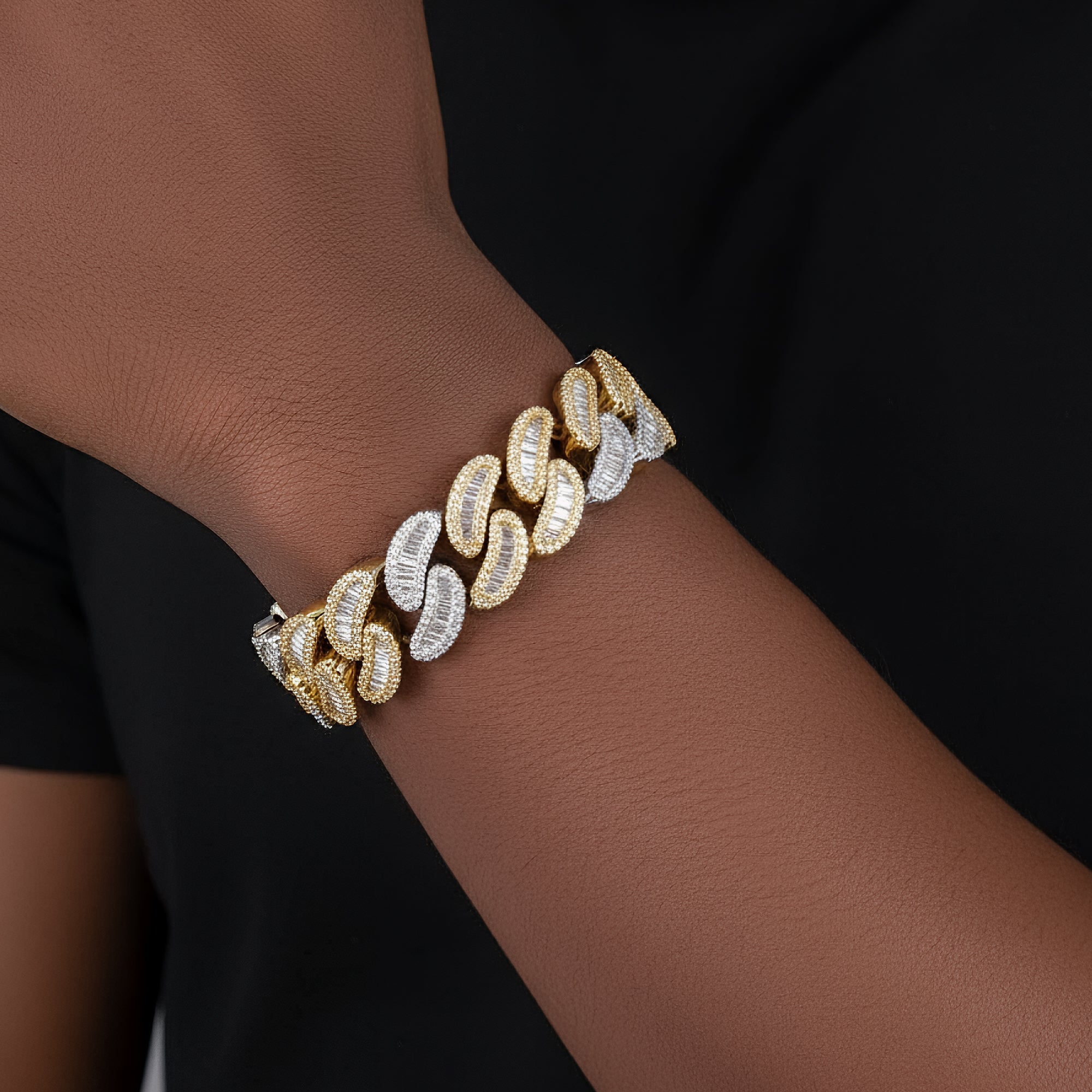 14k Cuban 18mm Bracelet Baguette Moissanite 2 Tone Silver