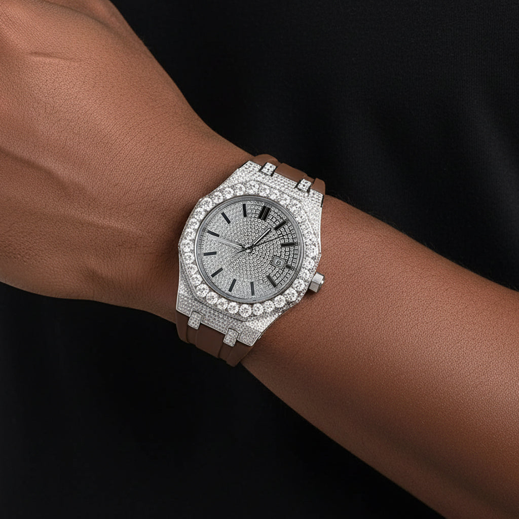 VVS Moissanite 9.5ct Brown Silicon Band Half Icedout Mens Watch