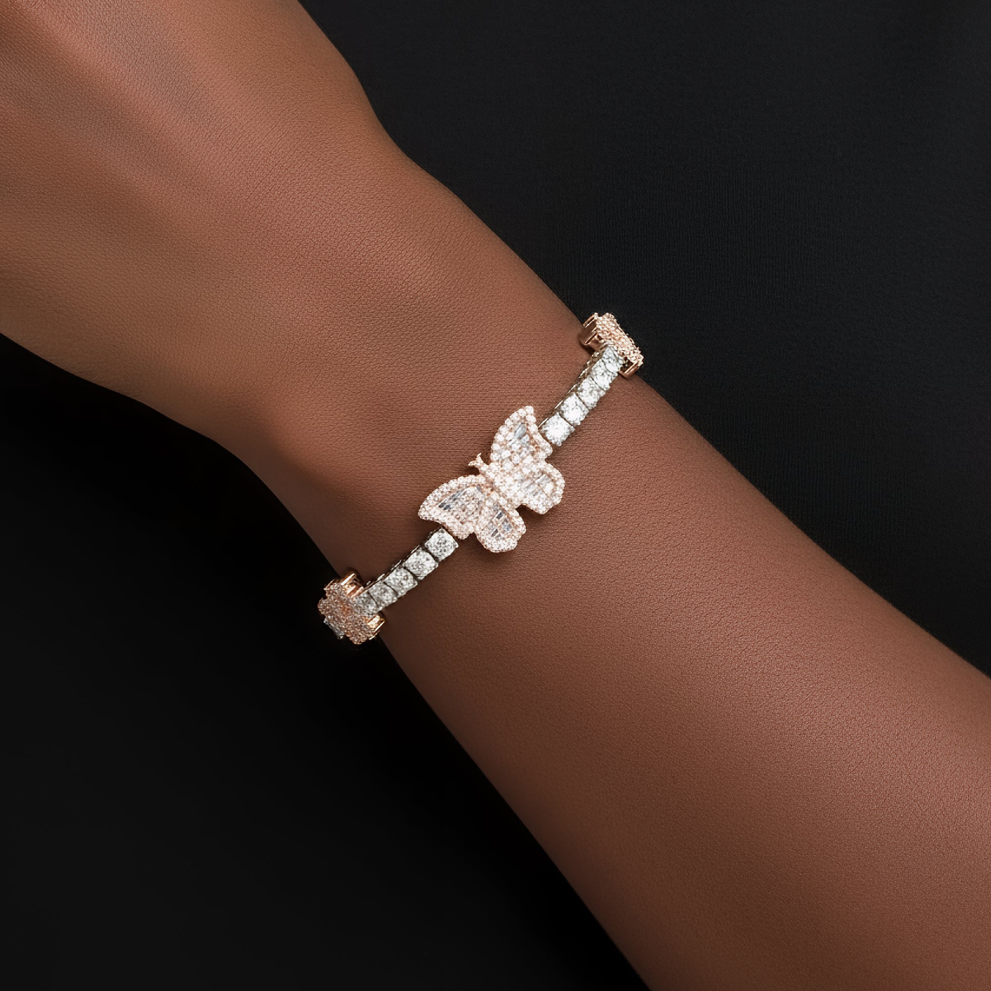 925 Silver  Baguette 3mm Tennis Moissanite Butterfly Designer 7Inch Bracelet