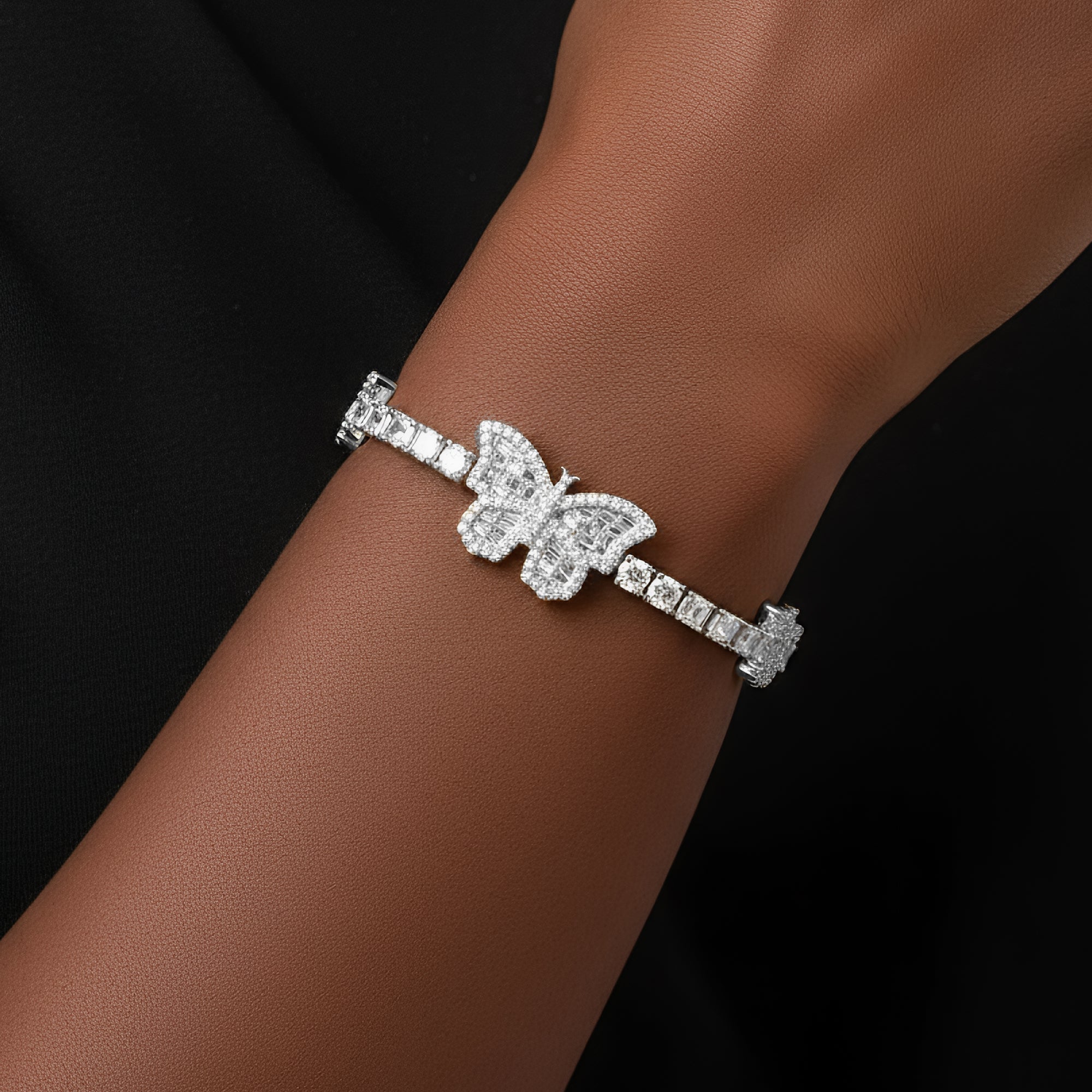 925 Silver  Baguette 3mm Tennis Moissanite Butterfly Designer 7 Inch Bracelet