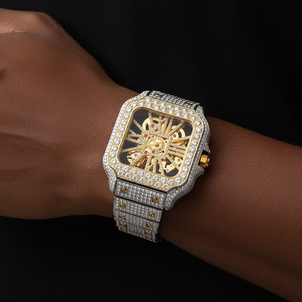 Mens Stainless Steel Iced Out Automatic Watch Sekelton Dial AAA CZ Diamond Two Tone Hip Hop fully Icy Bust Down Luxury Watch handmade