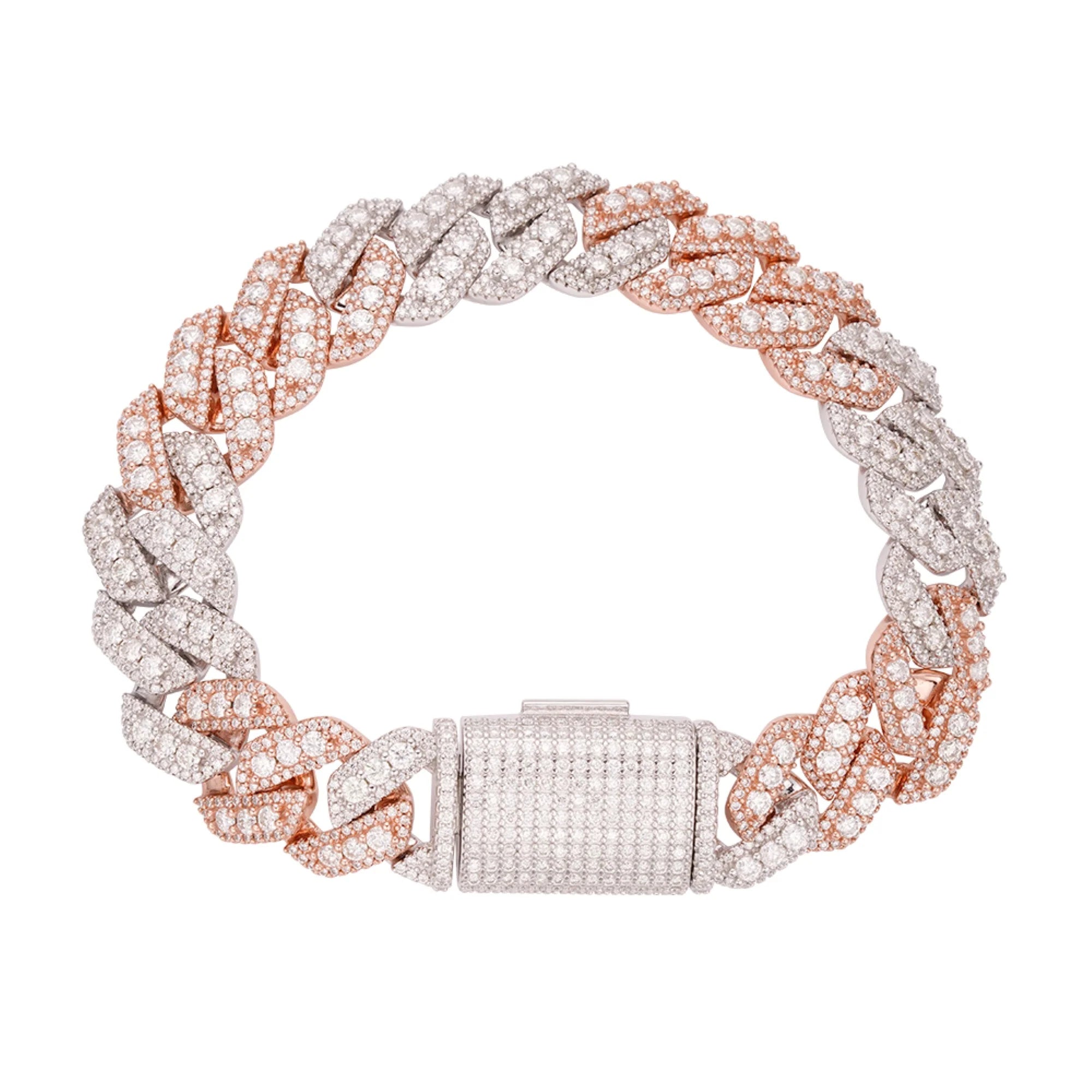 VS Moissanite Miami Cuban Bracelet 14mm 2 Tone Rose 925 Silver Men