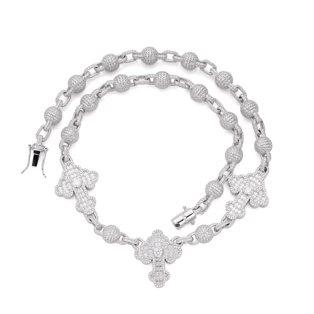 Moissanite Bead Cross Rosary Chain Silver Baguette