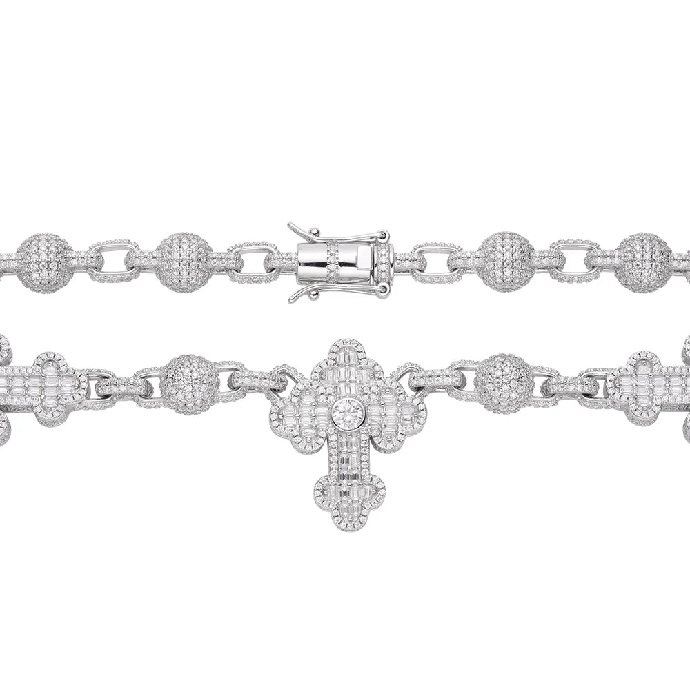 Moissanite Bead Cross Rosary Chain Silver Baguette