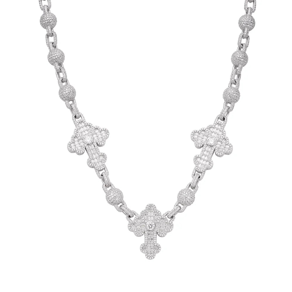 Moissanite Bead Cross Rosary Chain Silver Baguette