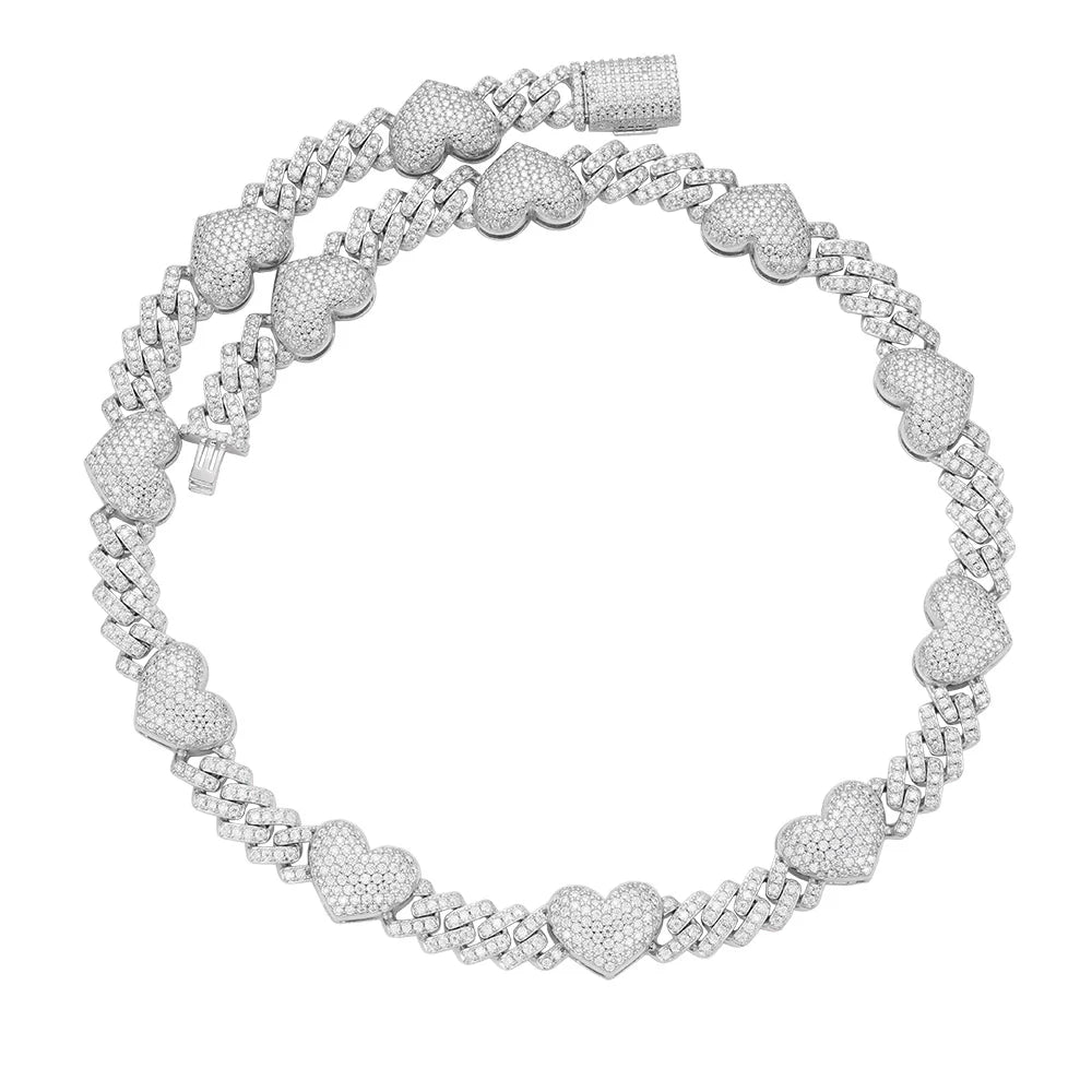 Moissanite Heart Cuban Link Chain Womens 925 Silver
