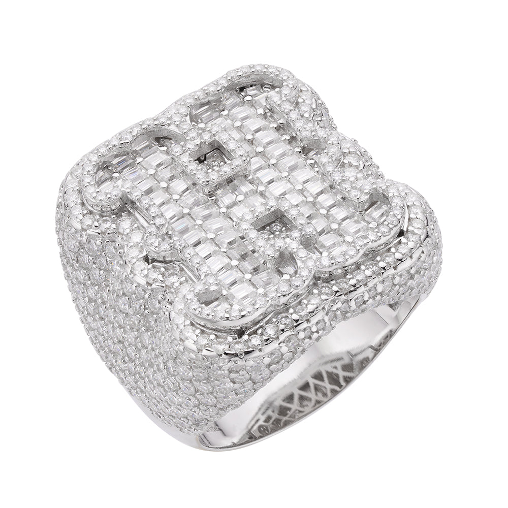 Real MOISSANITE Initial Ring 925 Silver Icy Baguette Men Letter A to Z ANY SIZE