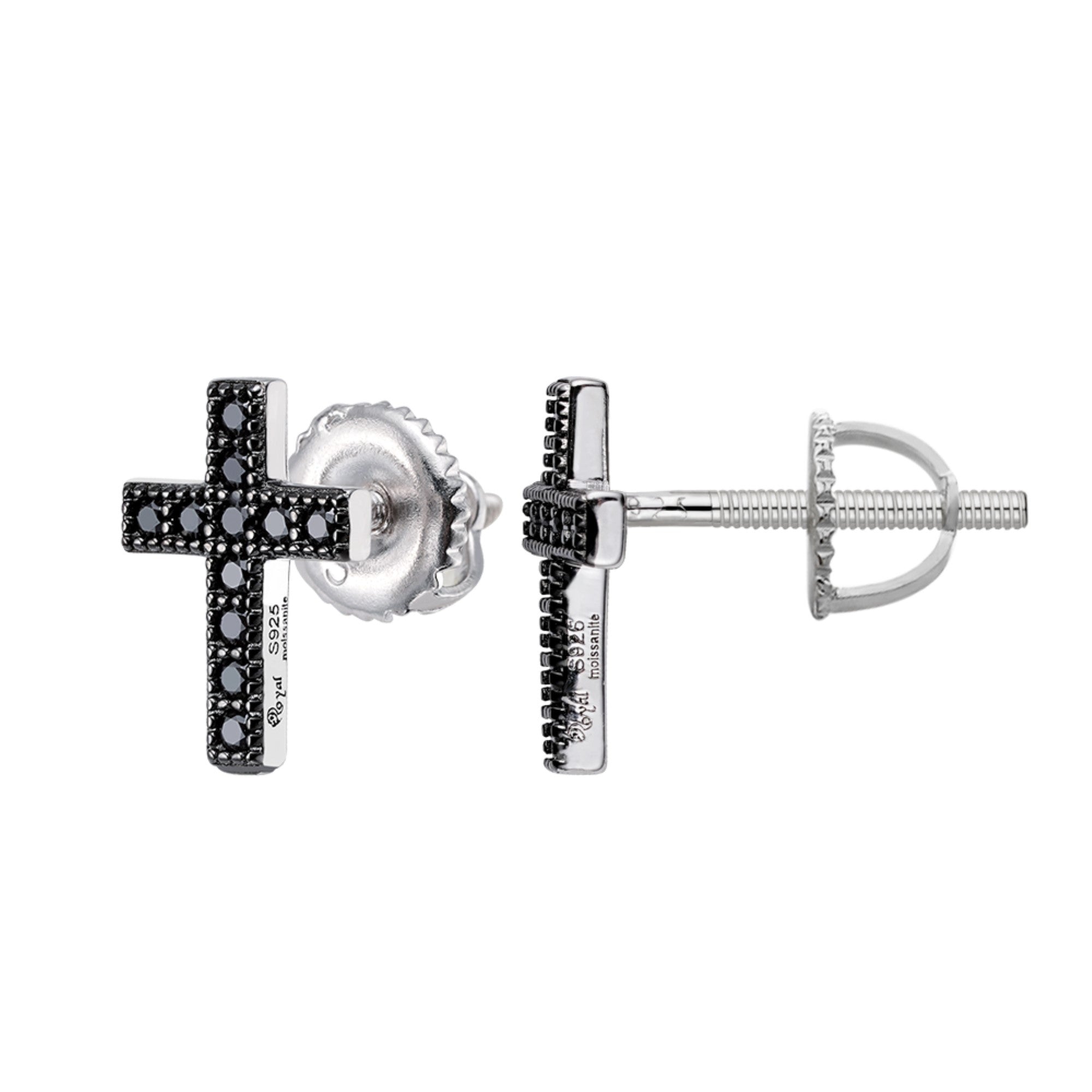 S.Silver Round Black Moissanite Cross Religious Stud Earrings