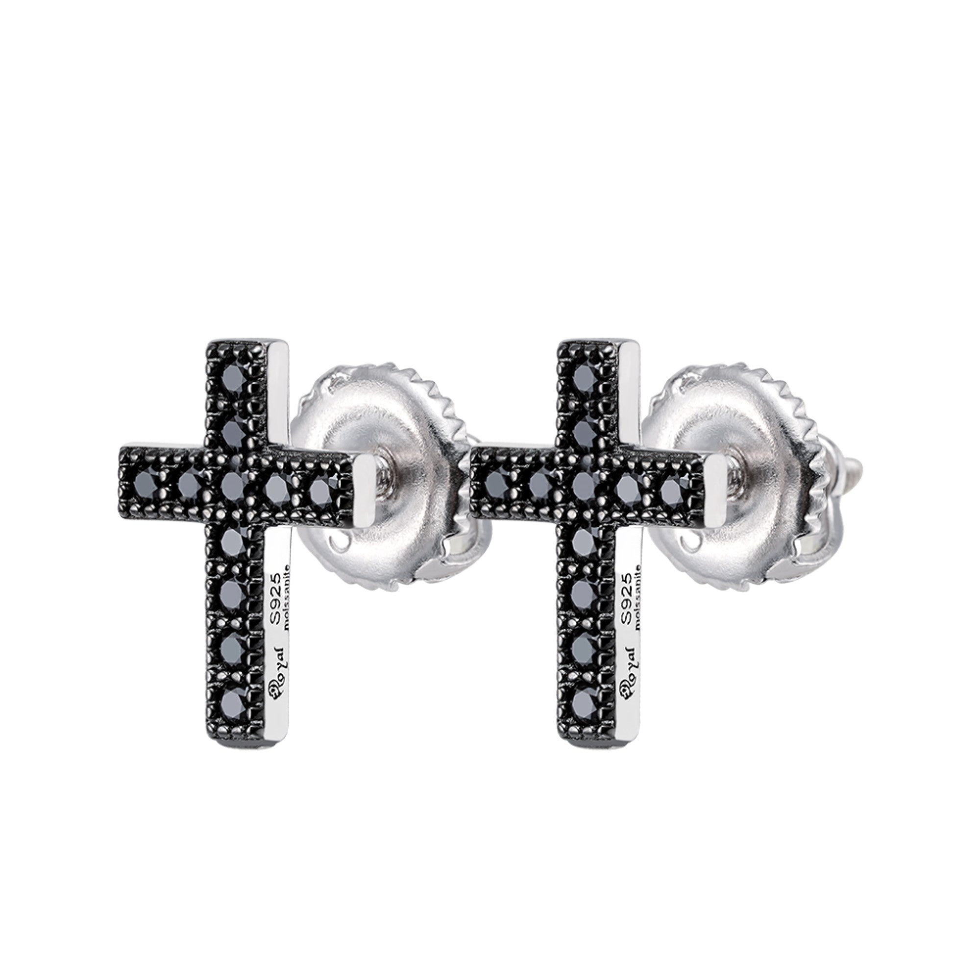 S.Silver Round Black Moissanite Cross Religious Stud Earrings
