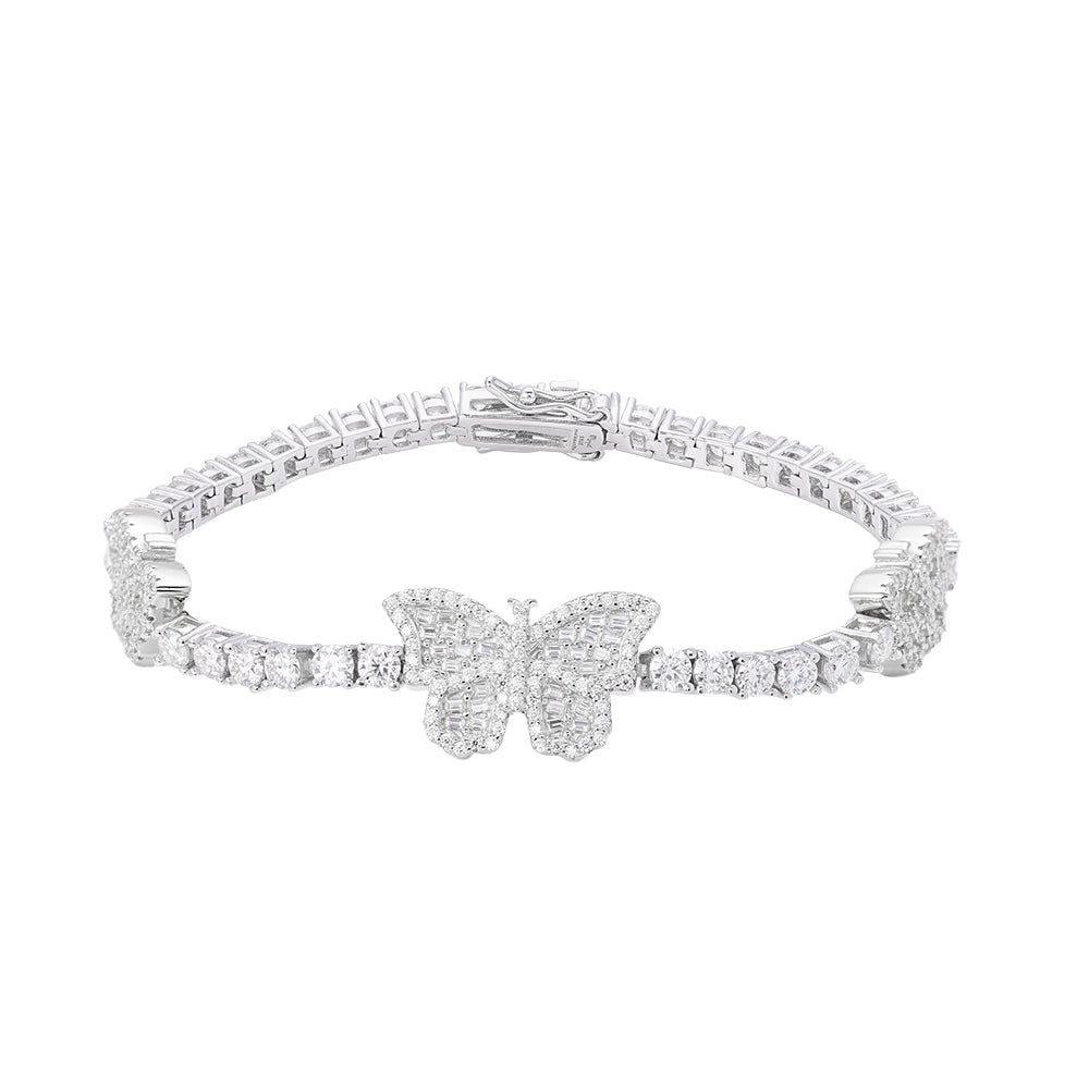 925 Silver  Baguette 3mm Tennis Moissanite Butterfly Designer 7 Inch Bracelet