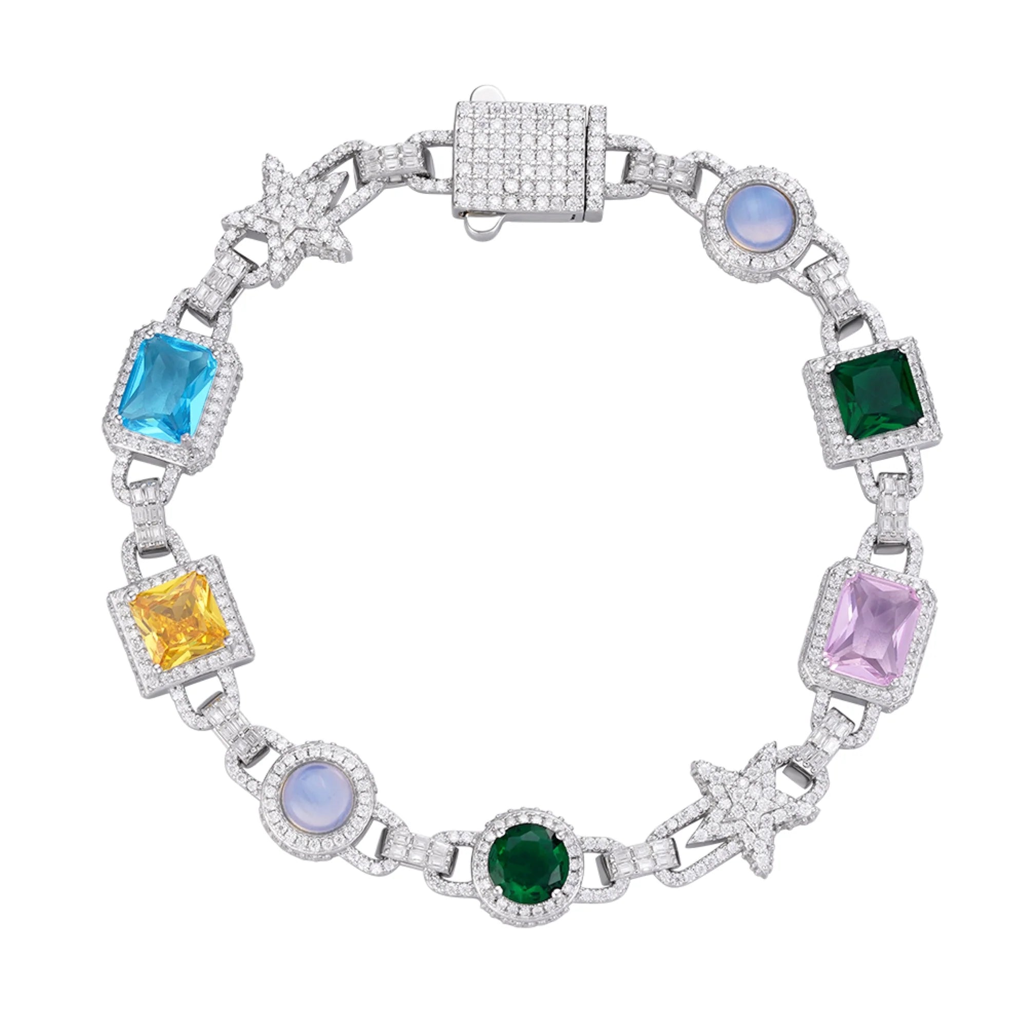 Moissanite Color Stone Star Link Bracelet 925 Silver