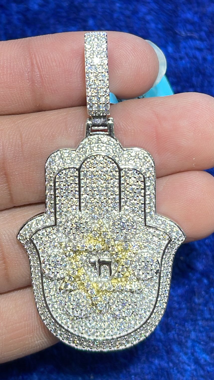 Moissanite 2 Tone Gold Hamsa Hand Pendant 925 Silver