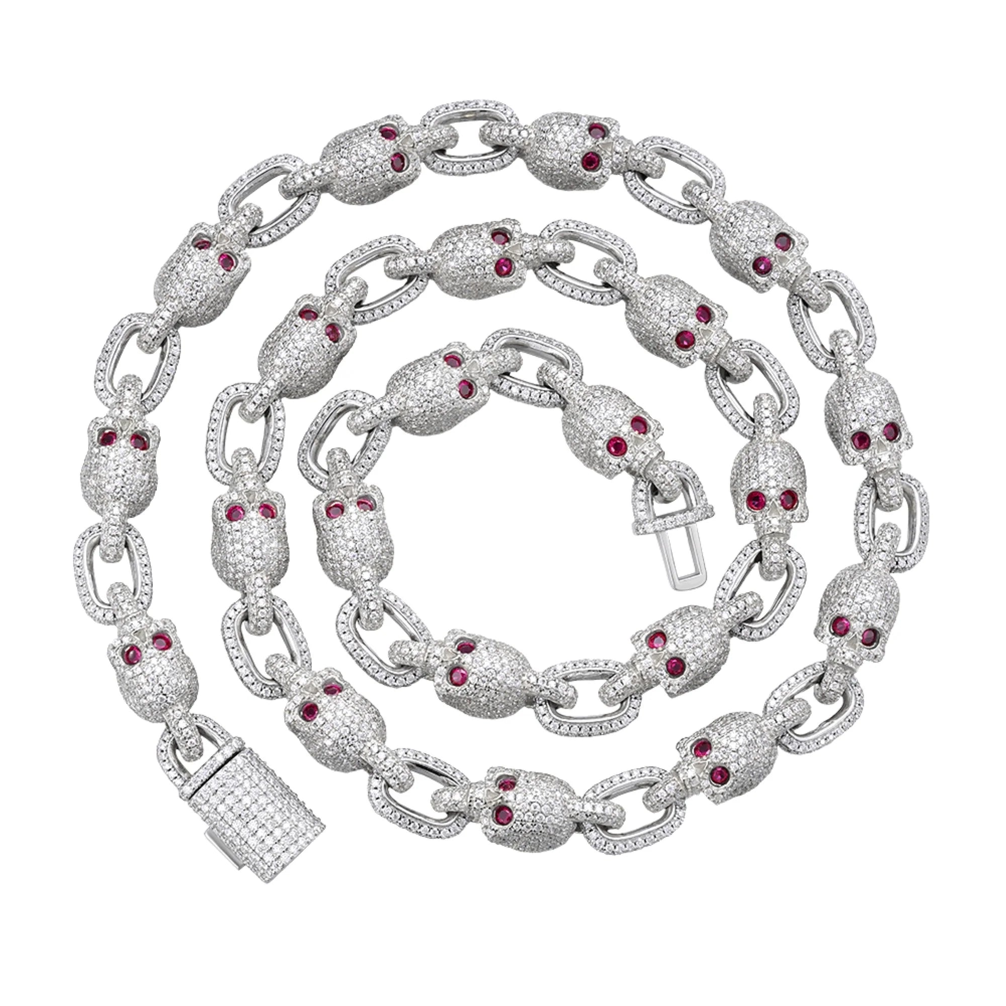 Moissanite Skull Link Necklace Red Eyes Chain