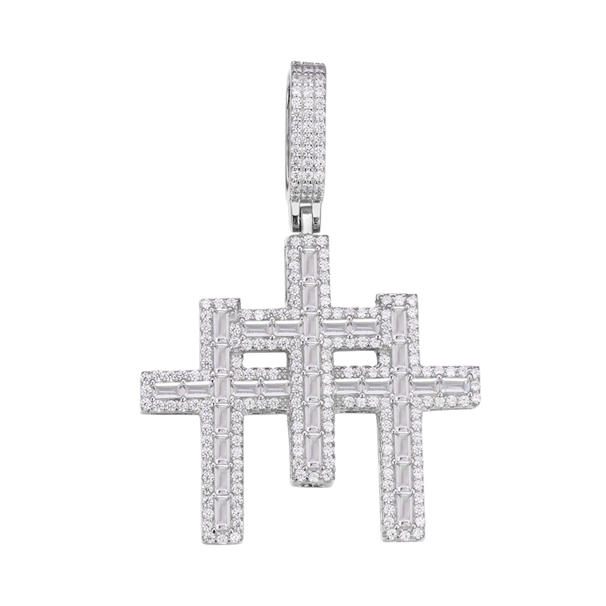 925 Silver Baguette Triple 3 Cross Pendant Moissanite