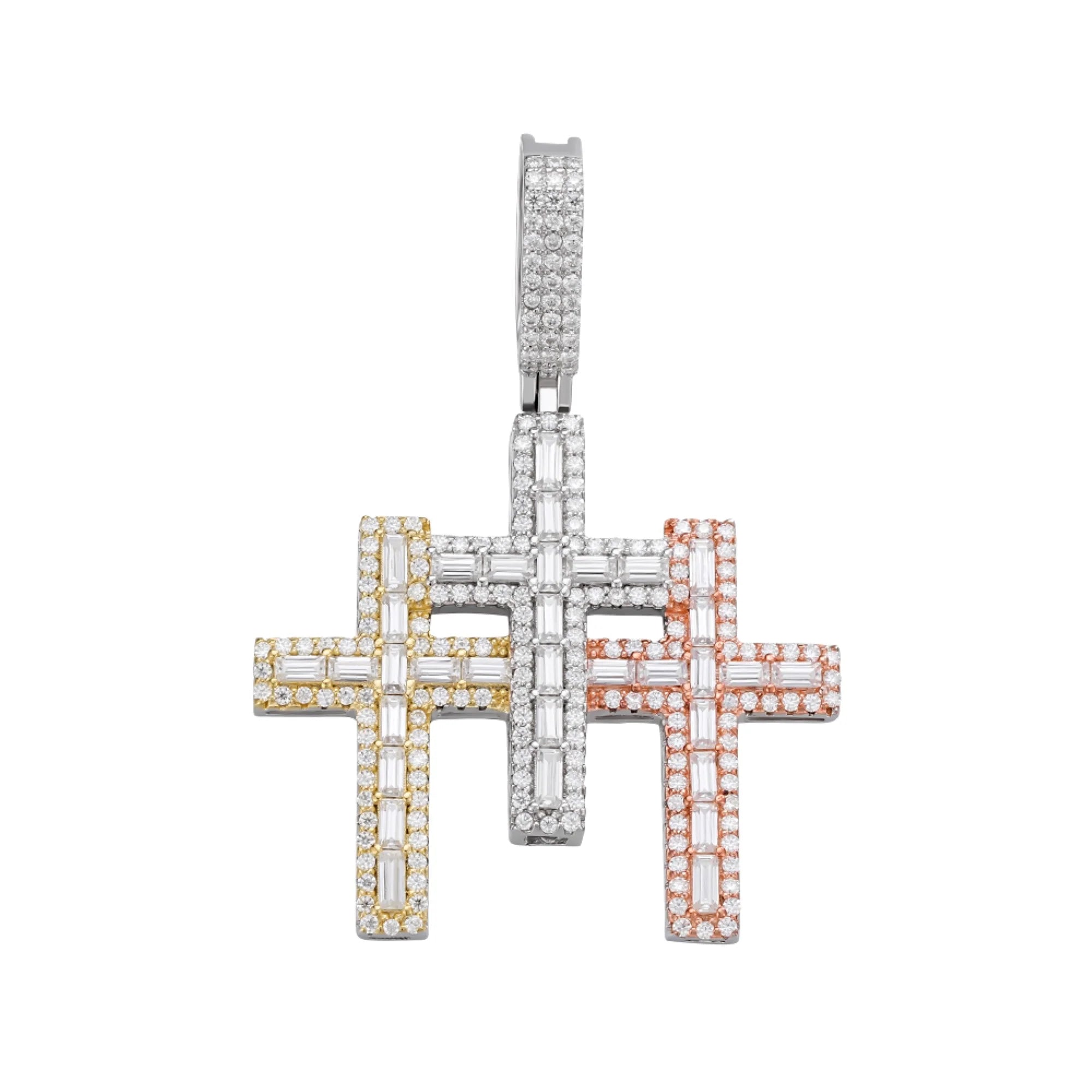 Moissanite Triple Cross Pendant 3 Tone Gold, Rose Silver