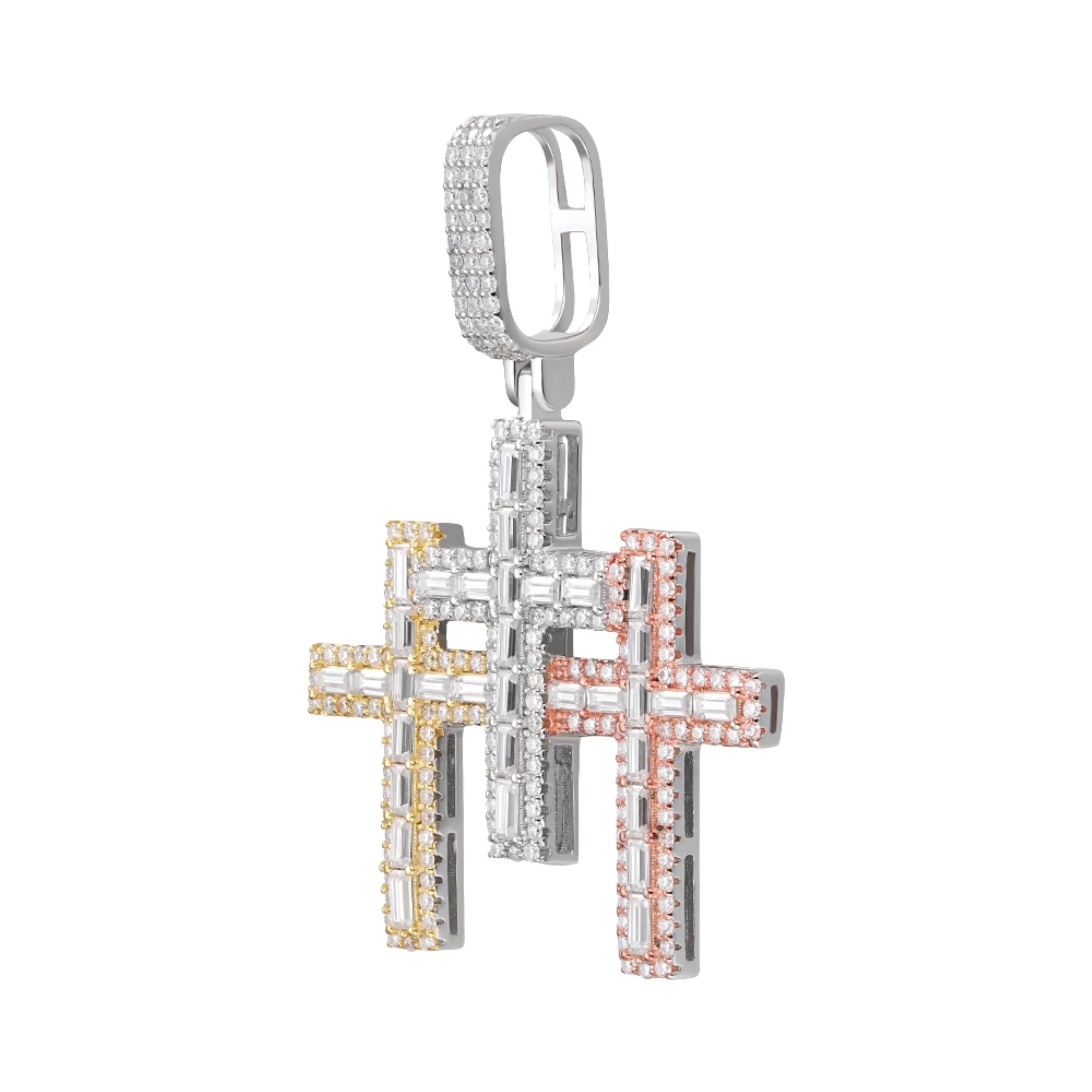 Moissanite Triple Cross Pendant 3 Tone Gold, Rose Silver