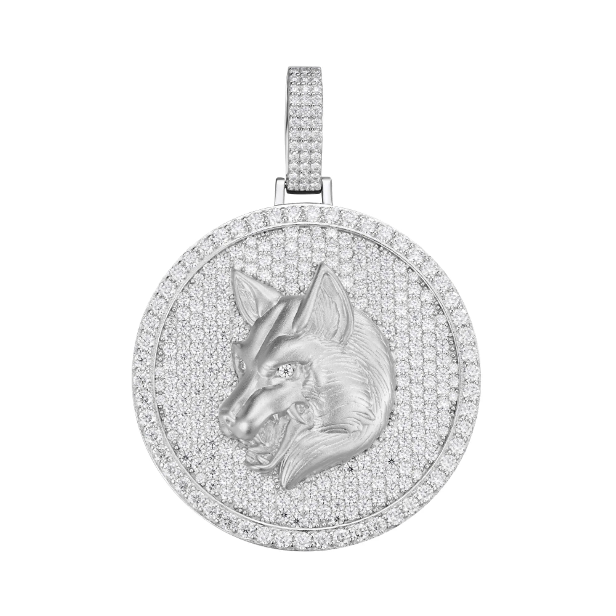 Moissanite Wolf Animal Pendant 925 Silver Medallion