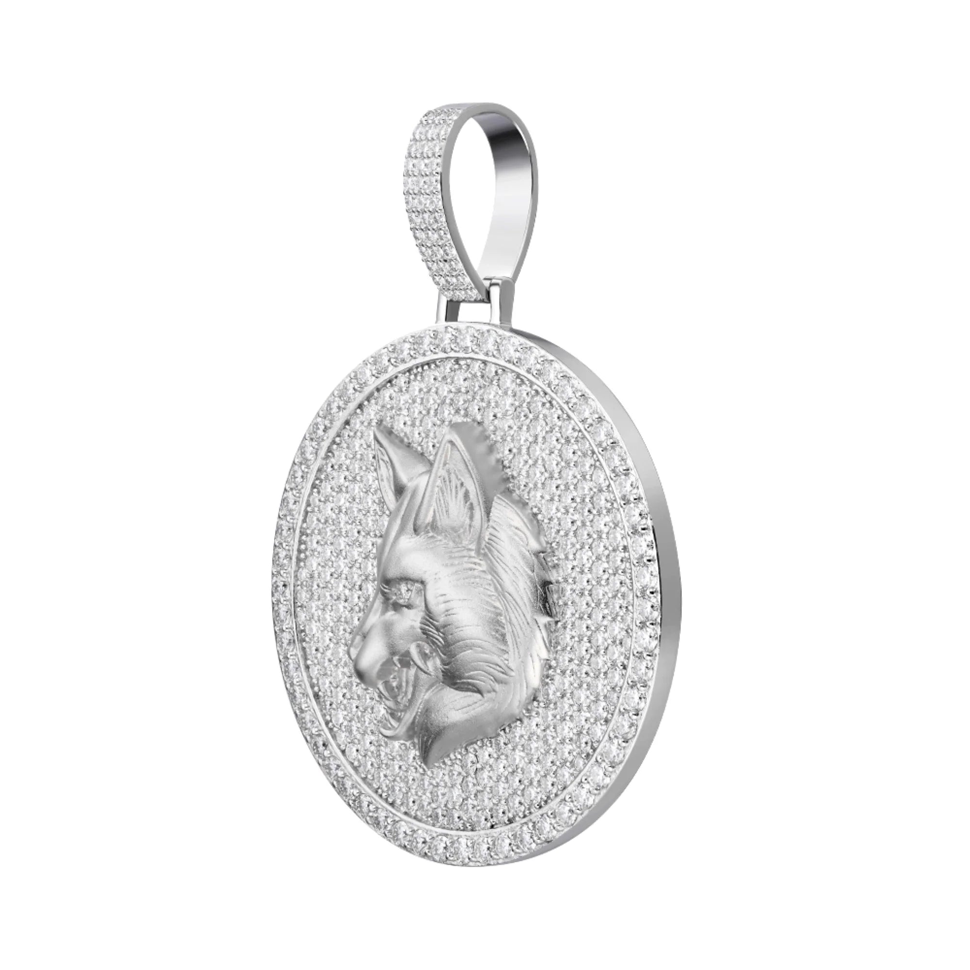 Moissanite Wolf Animal Pendant 925 Silver Medallion