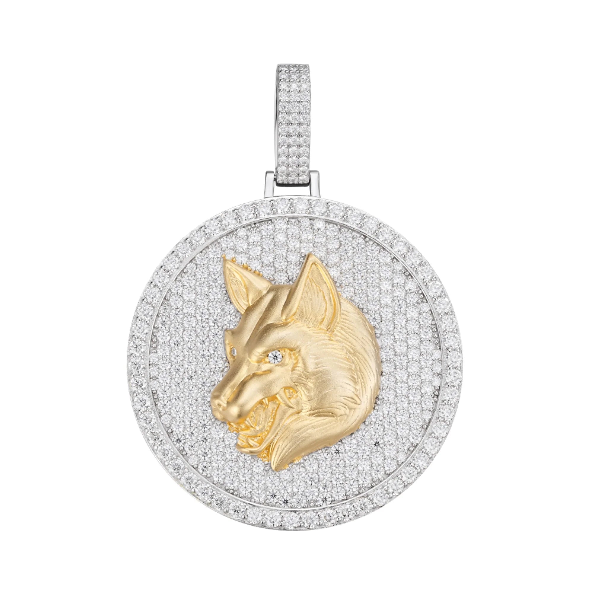 Medallion Wolf Pendant 925 Silver Moissanite Charm
