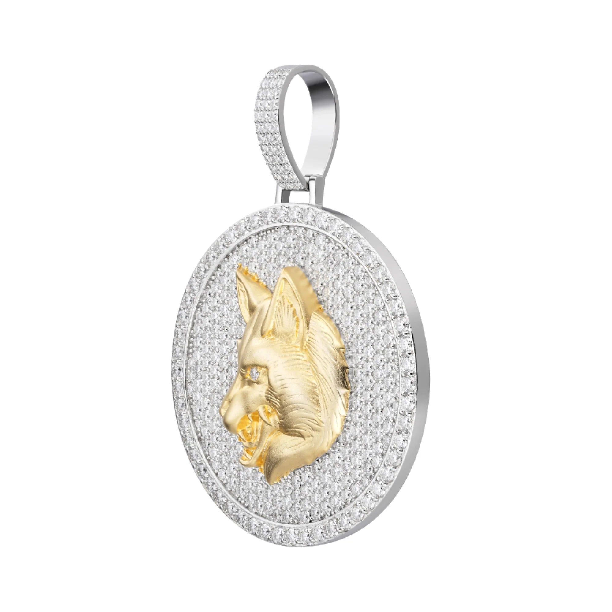 Medallion Wolf Pendant 925 Silver Moissanite Charm