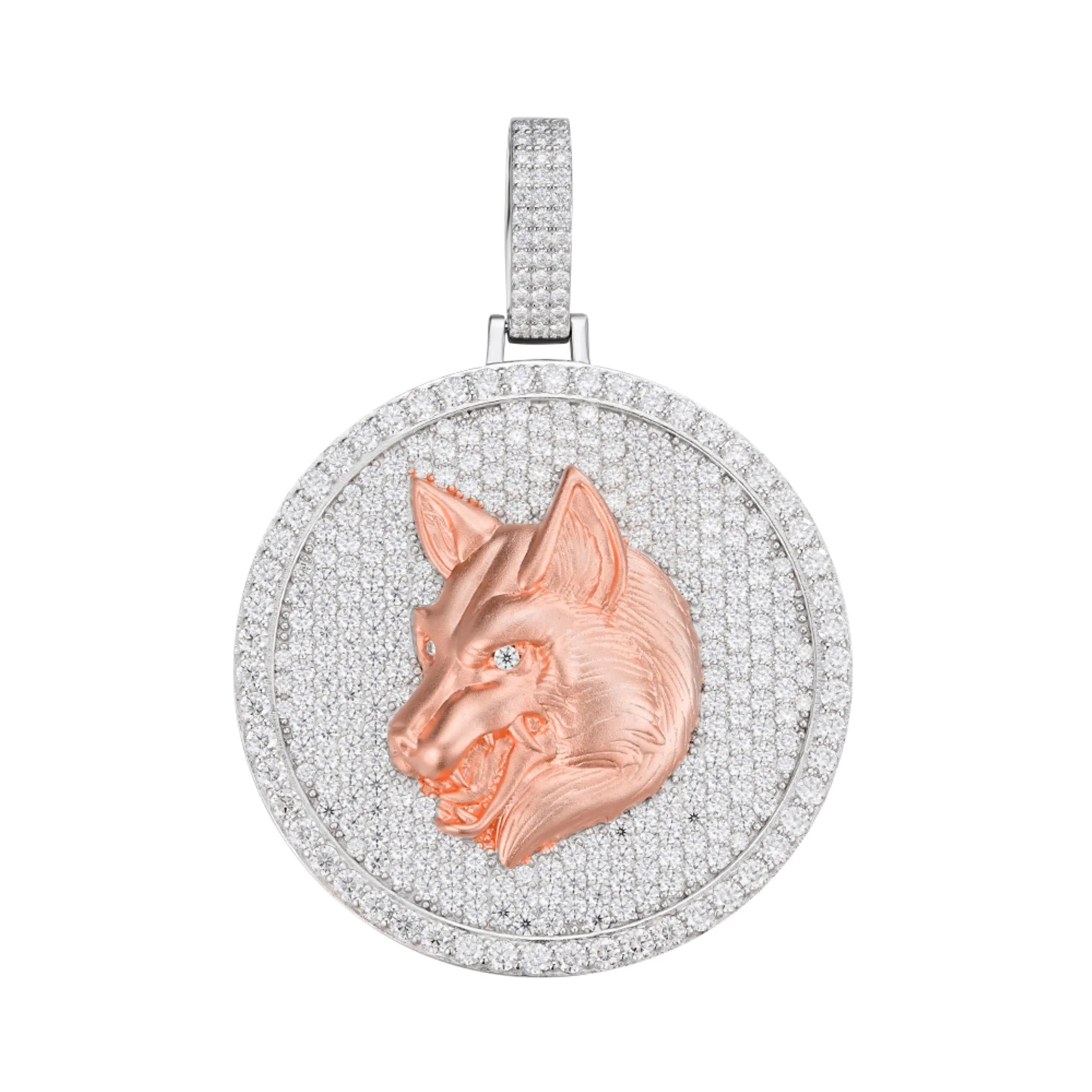 14k 2 Tone Rose Wolf Pendant Moissanite 925 Charm
