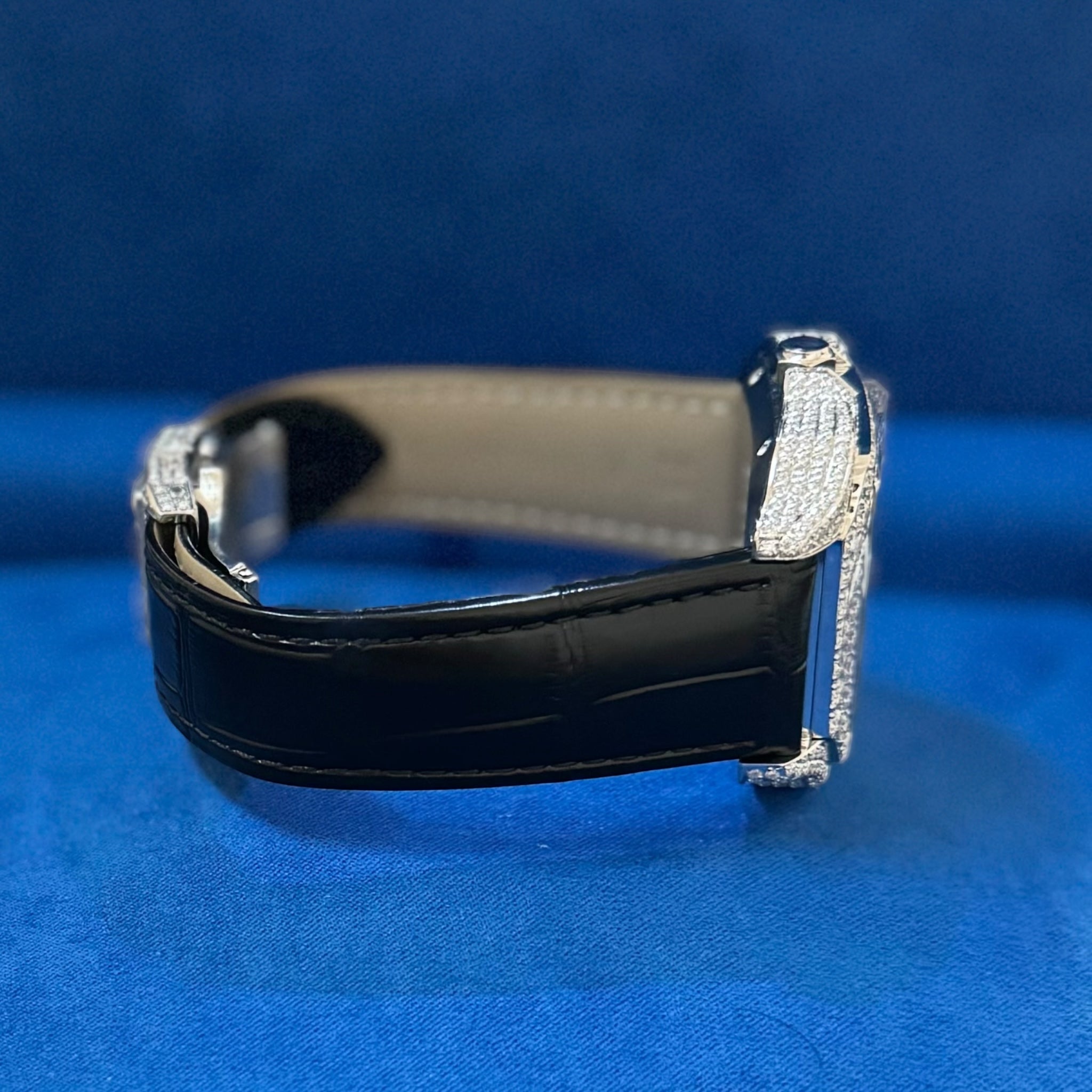 Moissanite Black Croco Half Iced Leather Band Watch Bezel 9.6ct