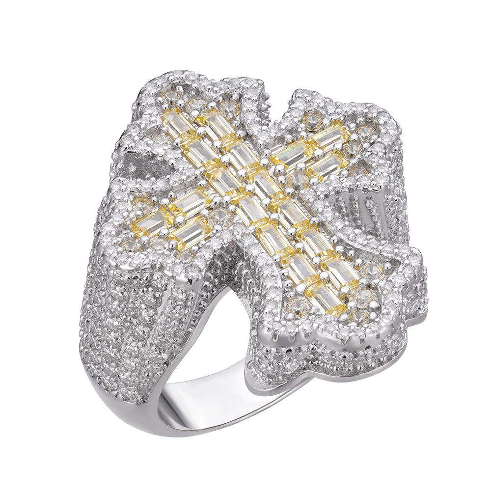 Mens Moissanite Cross Ring 925 Yellow Stone