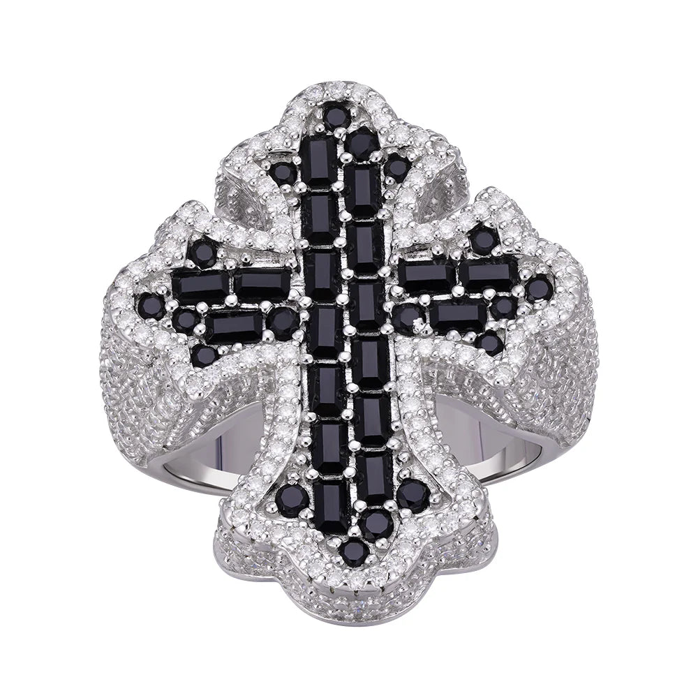 Black Cross Ring Moissanite Mens 925 Silver Hip Hop