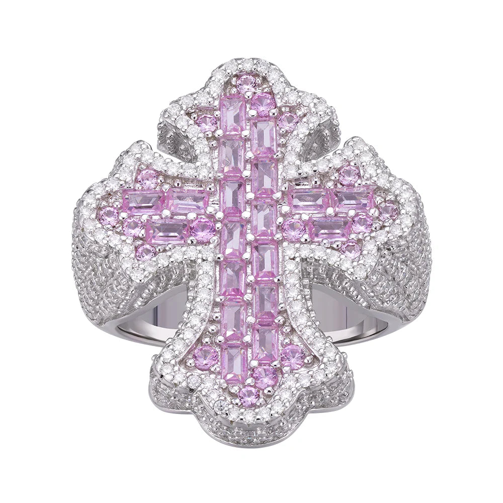 Mens Moissanite Cross Ring Pink Stone 925 Silver