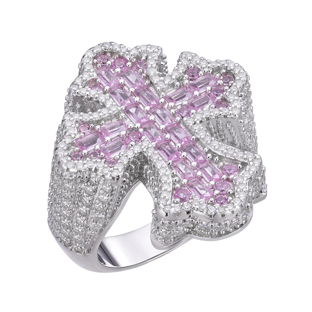 Mens Moissanite Cross Ring Pink Stone 925 Silver