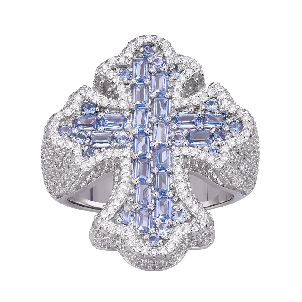 Baguette Aquamarine Cross Ring Mens Moissanite 925