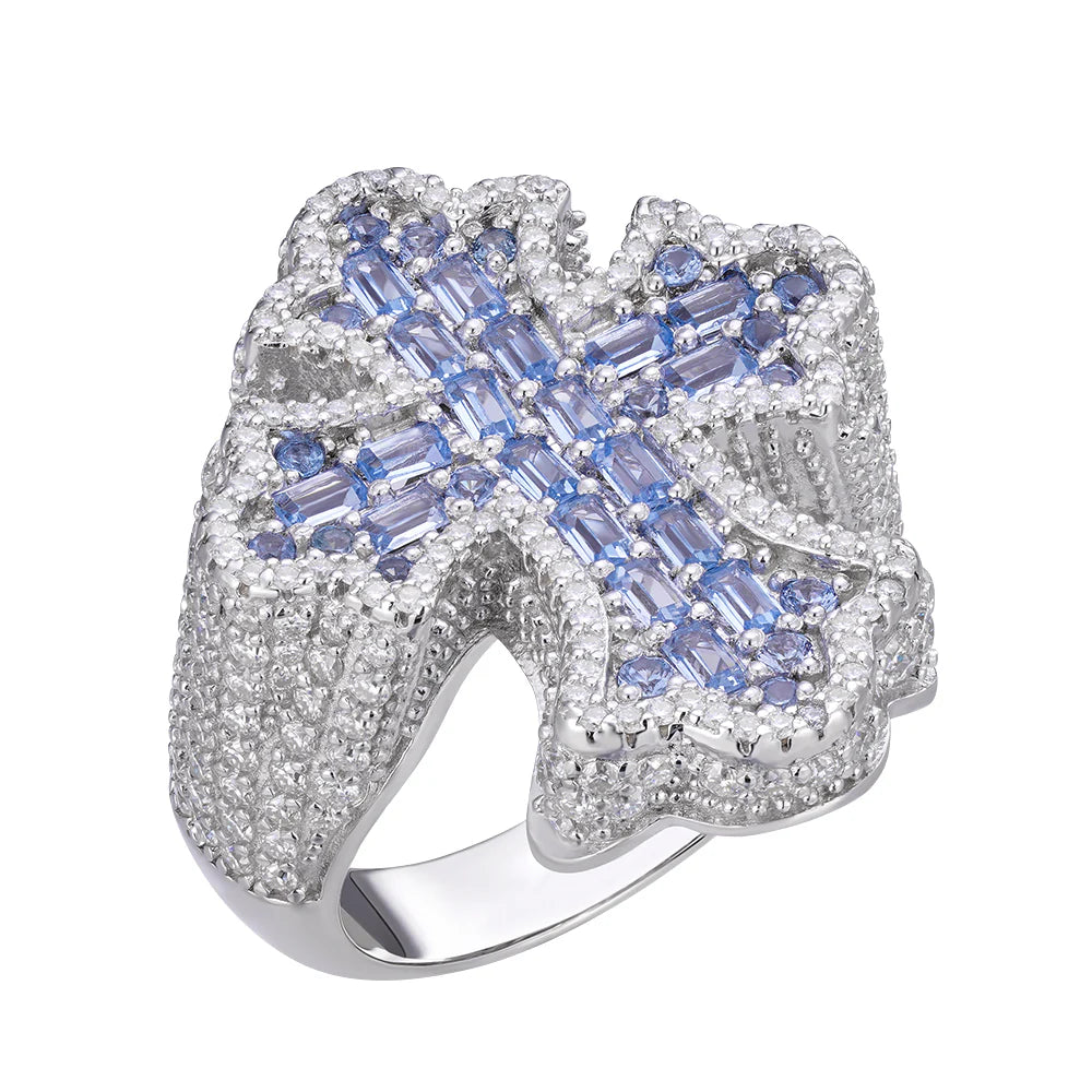 Baguette Aquamarine Cross Ring Mens Moissanite 925
