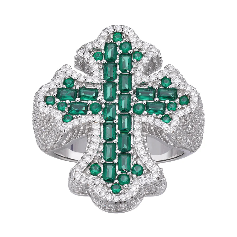 925 Moissanite Green Emerald Stone Mens Cross Ring